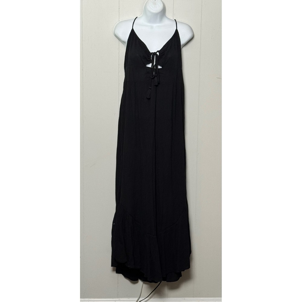 Aerie Black Tie Front Keyhole Tassel Maxi Dress Smocked Back Size Medium